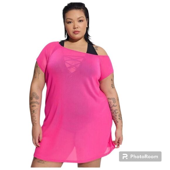 3X 22W 24W Torrid Hot Pink Mesh Off Shoulder Swim Cover Dress Mini Summer Sheer - Picture 1 of 6